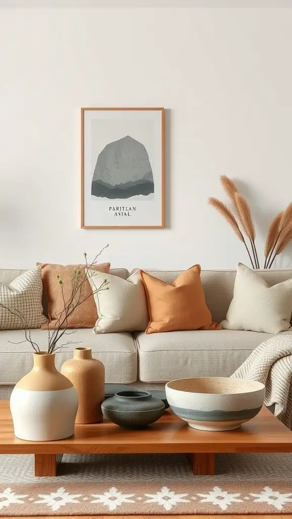 A cozy living room featuring a neutral sofa adorned with orange cushions, a wooden coffee table with various artisanal vases and bowls, and calming wall art.