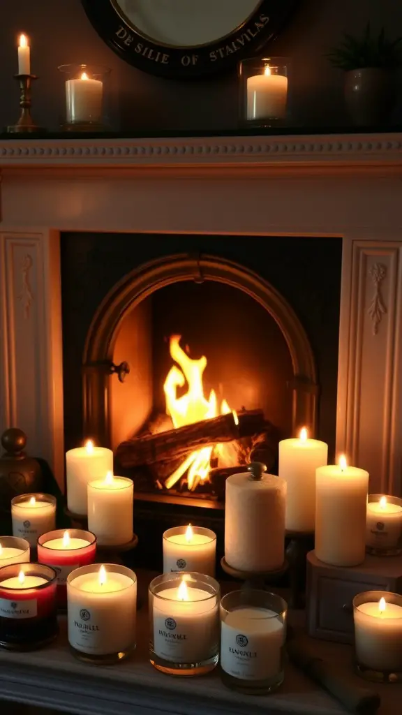 A cozy living room fireplace surrounded by various flickering candles, creating a warm and inviting atmosphere.