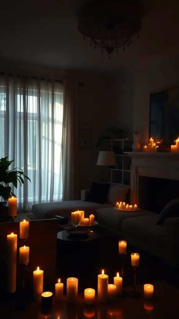 A cozy living room filled with various candles, creating a warm and inviting atmosphere.