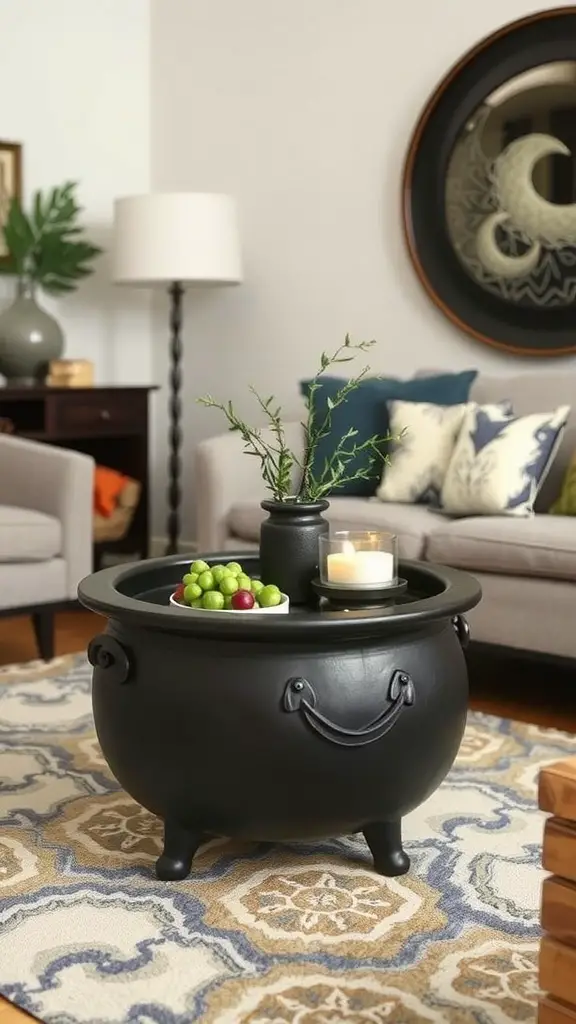 A cauldron-inspired coffee table with a glass top, set in a cozy living room.