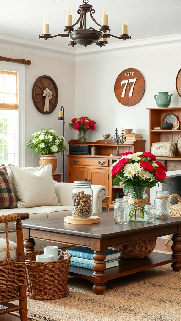 A cozy living room featuring farmhouse Americana decor, with a wooden coffee table, colorful flower arrangements, and rustic wall decorations.
