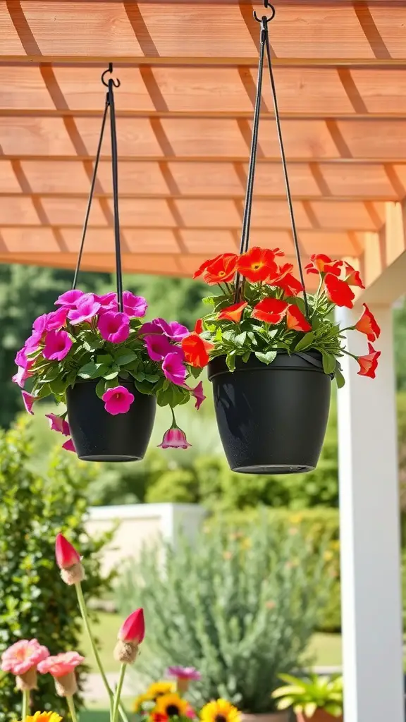 Two hanging planters with pink and red flowers, suspended from a wooden structure.