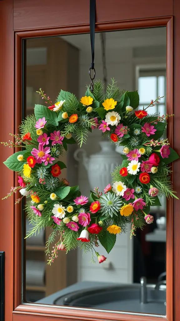 A vibrant summer wreath with pink, yellow, and white flowers hanging on a door.