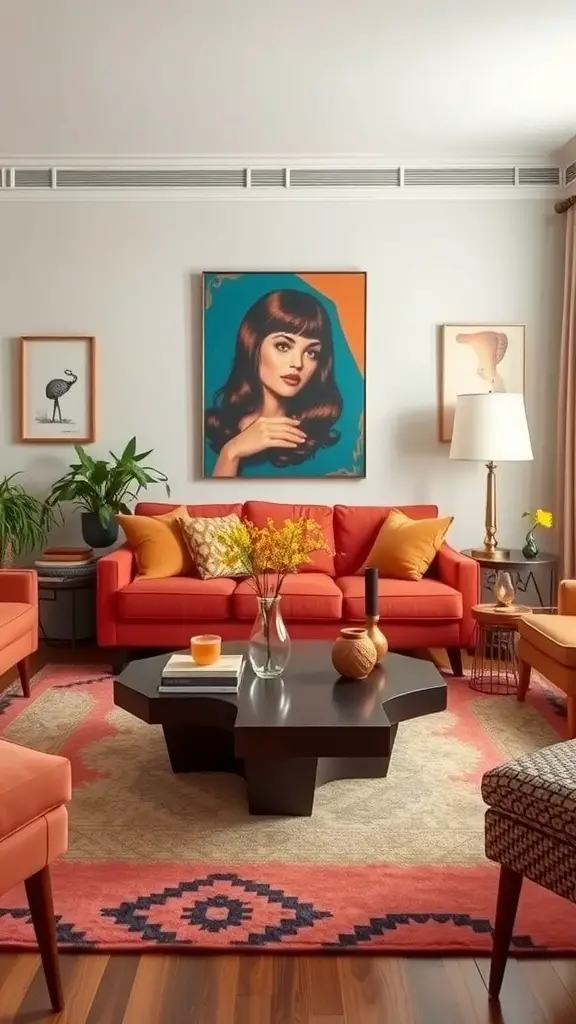 A stylish living room showcasing a geometric coffee table with flowers on it, surrounded by warm-toned armchairs and a vibrant area rug.
