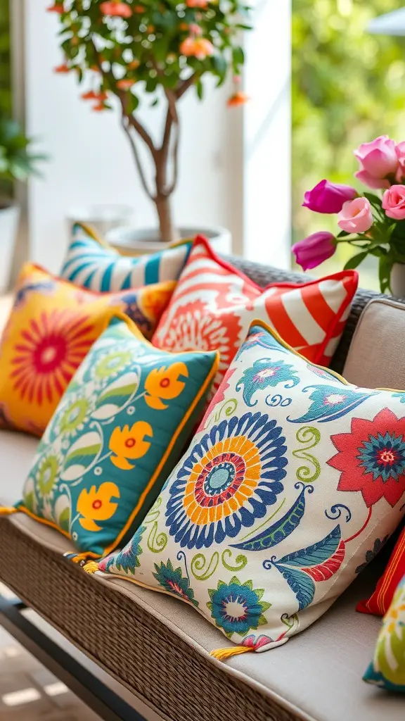 Chic outdoor throw pillows with colorful patterns on a sofa, surrounded by plants and flowers.