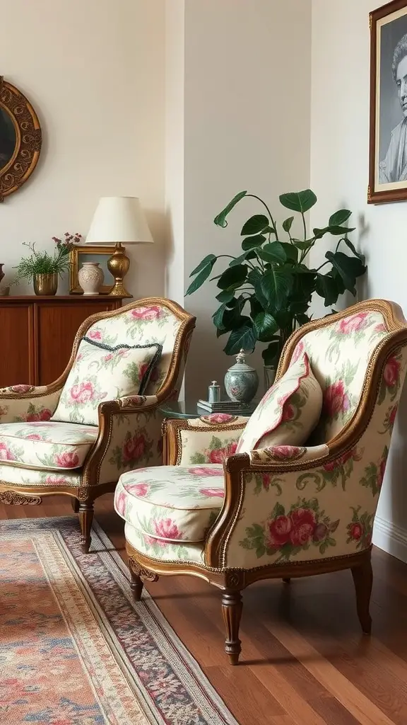 Two vintage upholstered armchairs with floral pattern in a cozy living room setting.