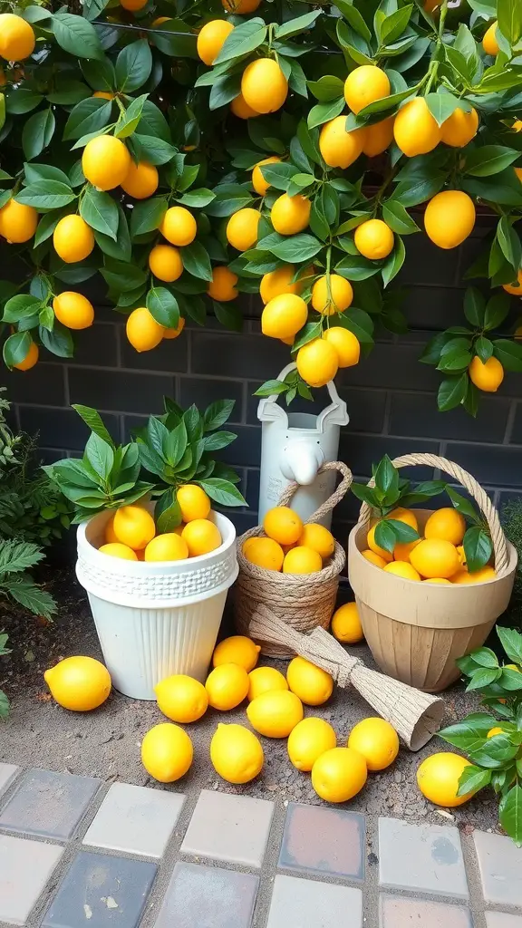 A vibrant garden featuring hanging lemons, green plants, and colorful flowers, creating a cheerful summer decor.