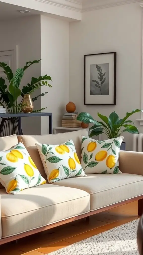 Sofa with lemon-themed throw pillows in a bright living room setting