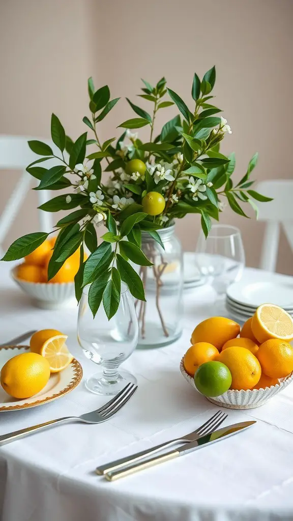 A citrus-themed table setting with lemons, oranges, and limes as decor.