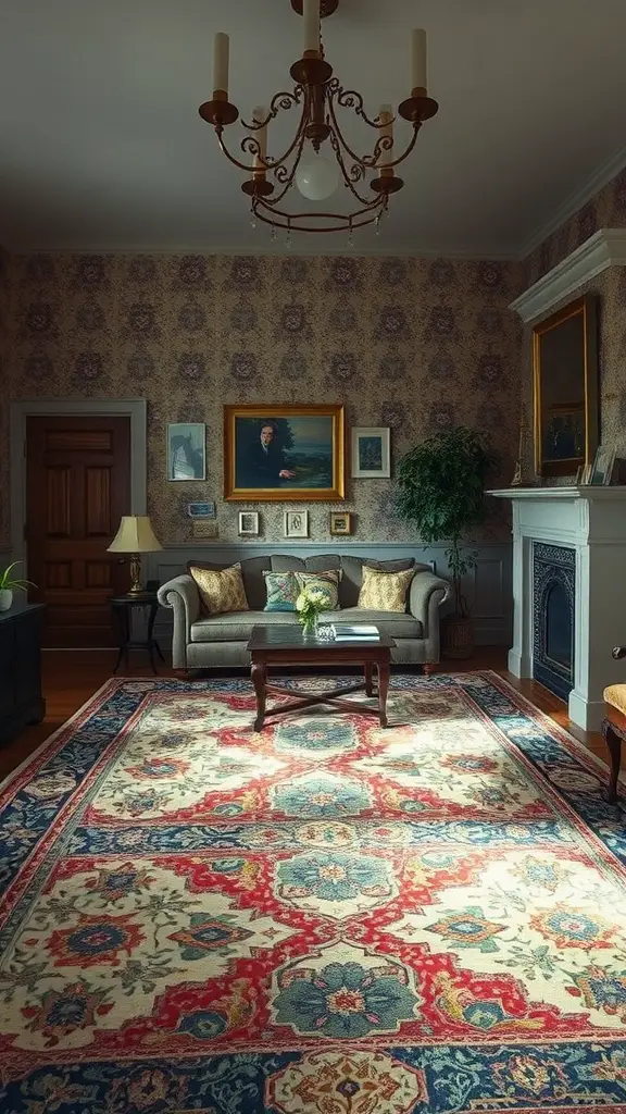 A living room featuring a classic patterned rug with a cozy sofa and vintage decor.