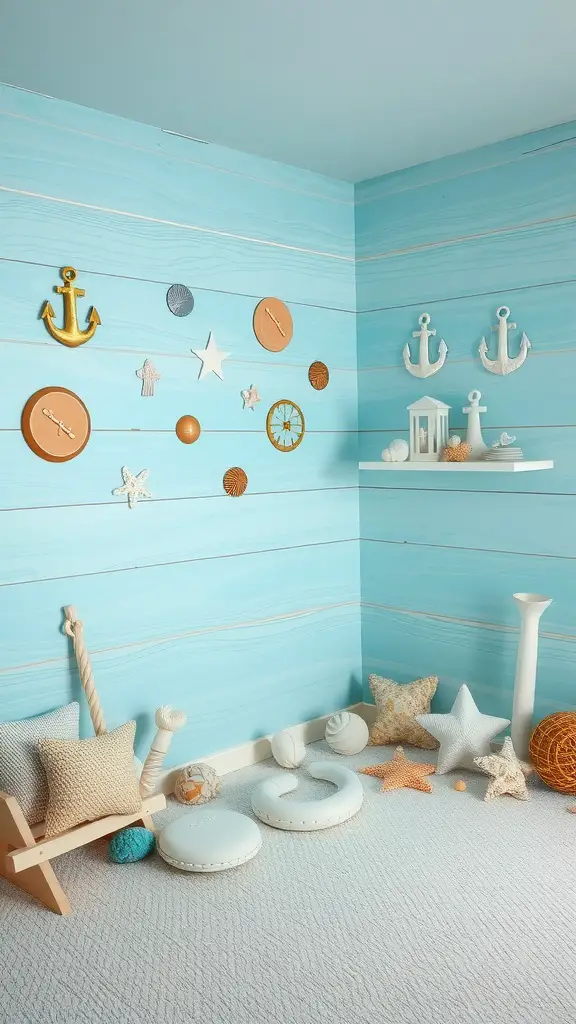A cozy corner with coastal-inspired decor featuring blue wood paneling, nautical elements like anchors and starfish, and soft cushions on the floor.