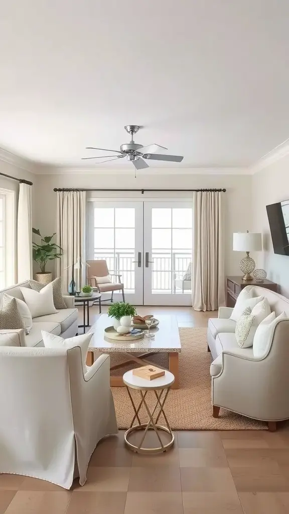 A cozy coastal-inspired living room with beige and white decor, featuring a white sofa, woven chairs, and a wooden coffee table.