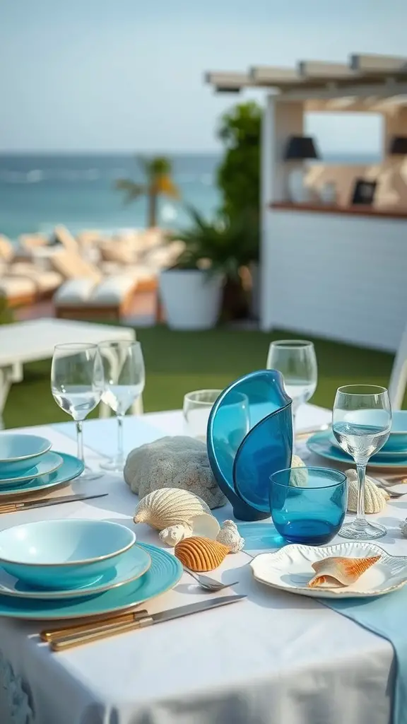 A coastal-themed table setting with blue dishware and seashell decorations, overlooking the ocean.