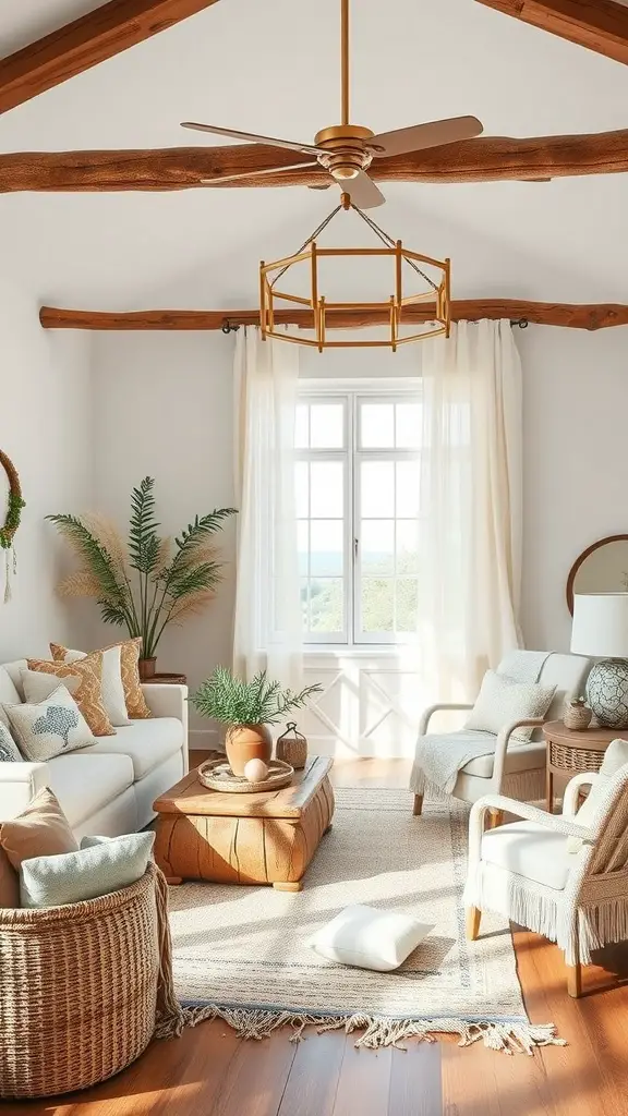 A bright living room with a white sofa, wooden coffee table, plants, and natural light
