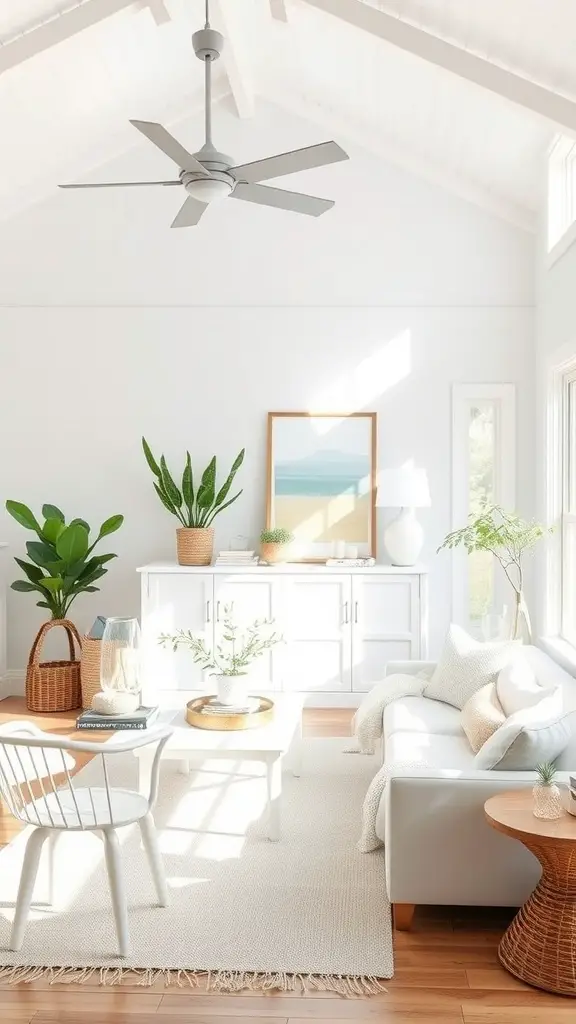 A bright and airy living room featuring a white sofa, plants in woven baskets, and coastal-themed decor.