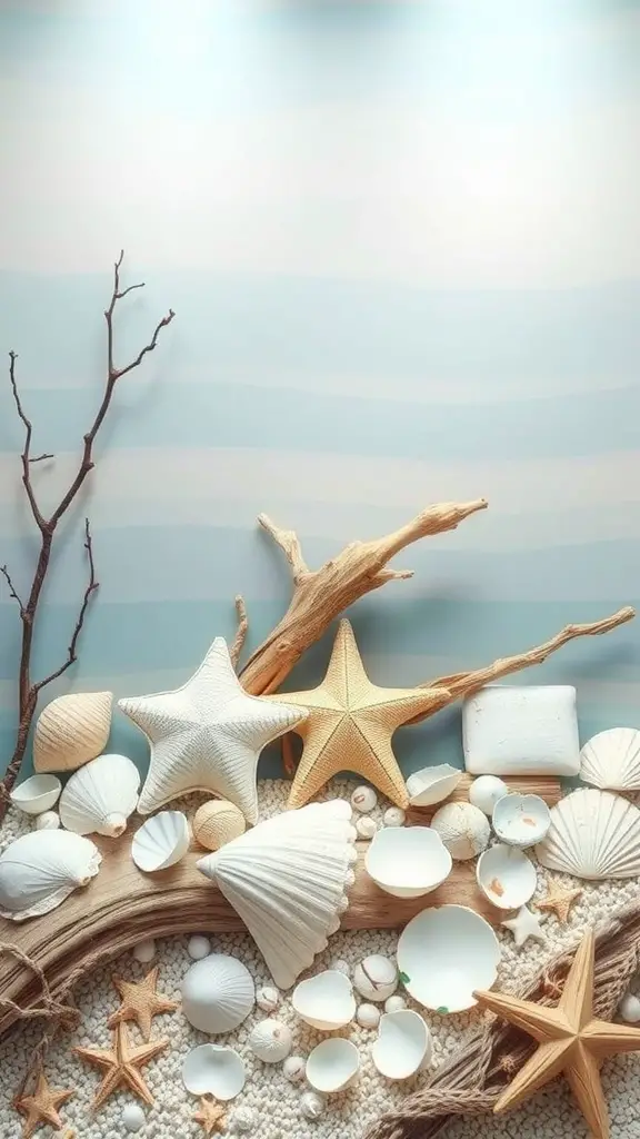 A coastal display featuring seashells, starfish, and driftwood against a soft blue background.