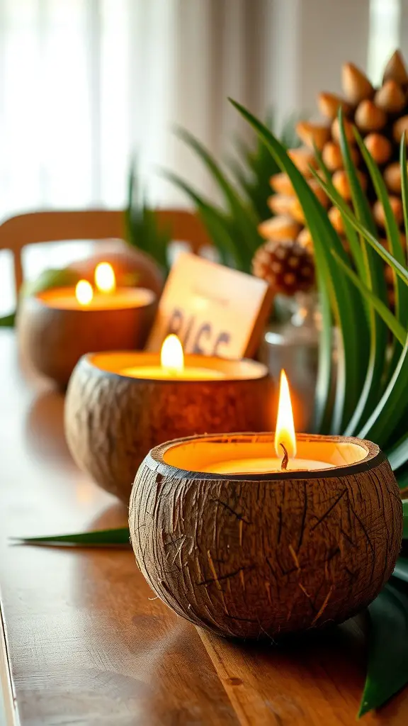 Coconut shell candle holders with candles lit on a wooden table surrounded by tropical leaves.
