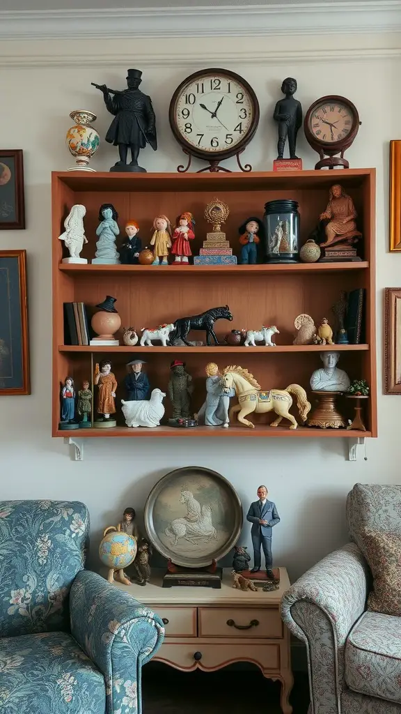 A wooden shelf displaying various collectible figurines, clocks, and knickknacks in a vintage living room, with cozy patterned chairs in the foreground.