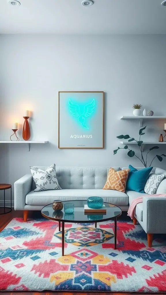 A cozy living room with a colorful area rug, light gray sofa, decorative cushions, and an Aquarius-themed wall art.
