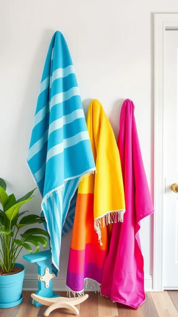 Three colorful beach towels hanging on a wall: one blue with stripes, one yellow, and one pink.
