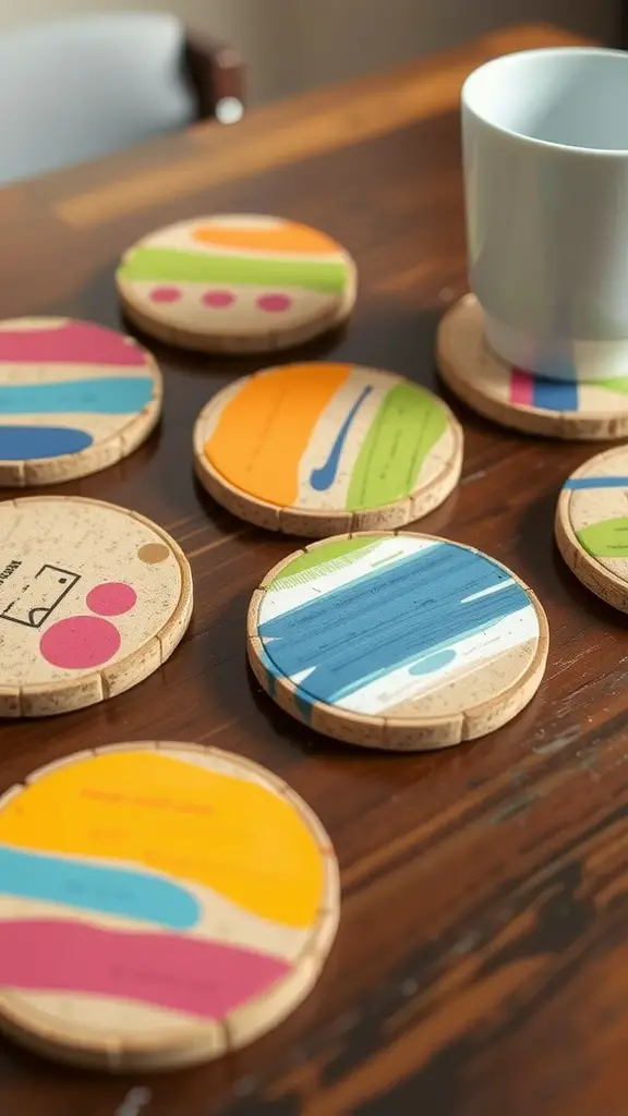 Colorful DIY coasters on a wooden table with a white mug