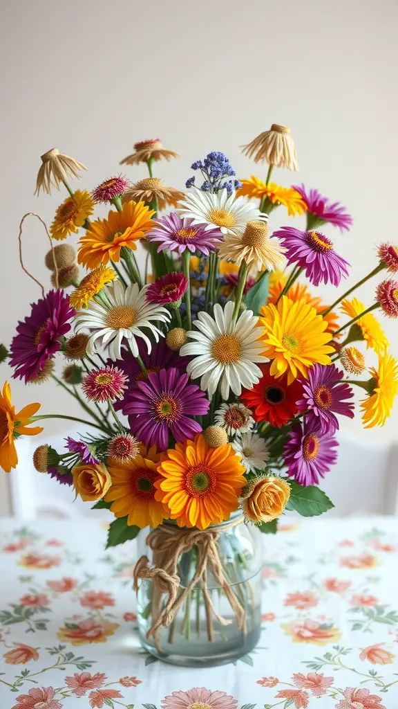 A vibrant arrangement of colorful dried flowers in a glass vase.