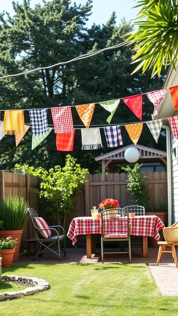 A backyard decorated with colorful fabric bunting strung between trees, creating a festive outdoor atmosphere.