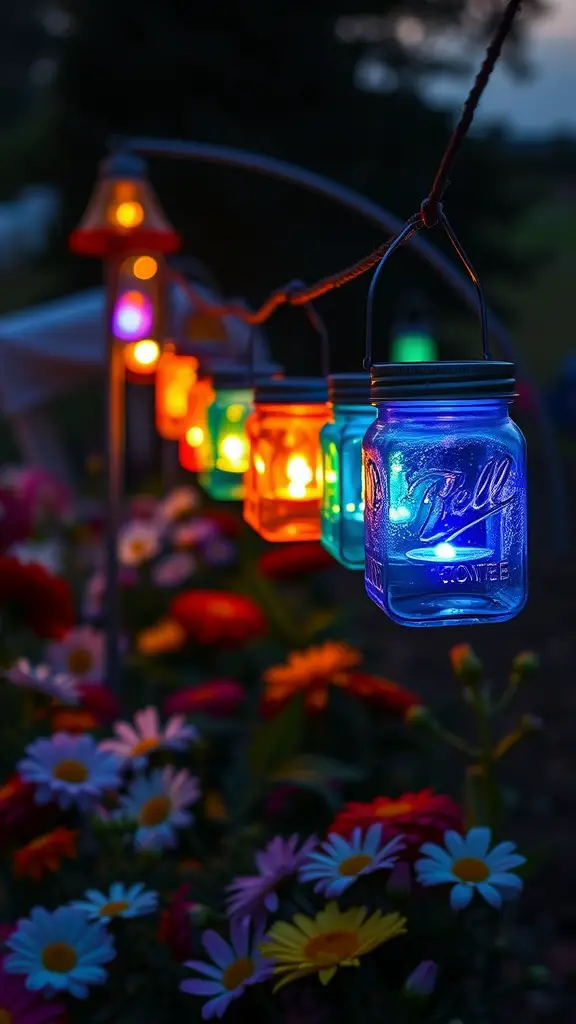 Colorful mason jar lanterns hanging with flowers in a garden