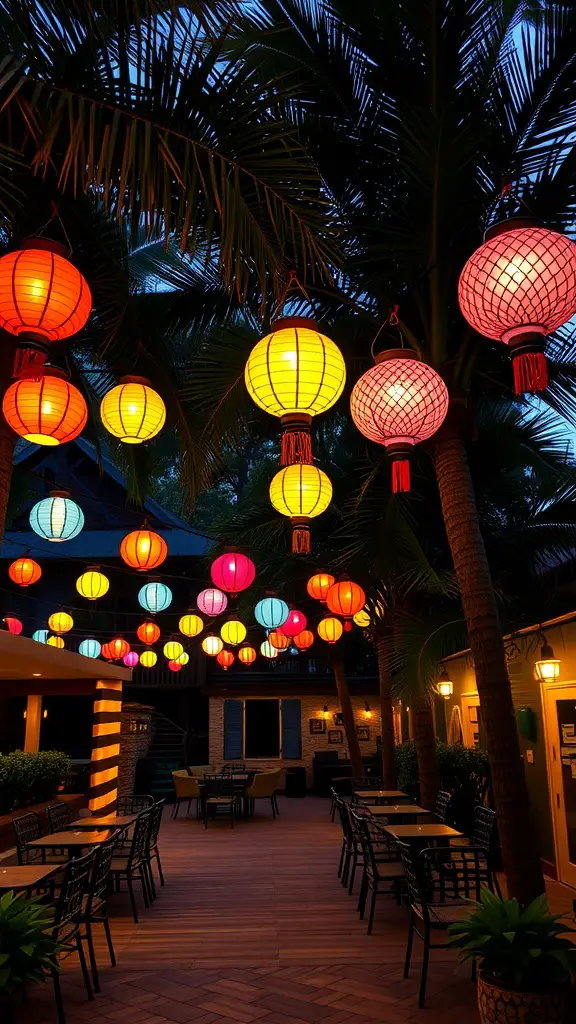 Colorful outdoor lanterns hanging among palm trees in an outdoor setting