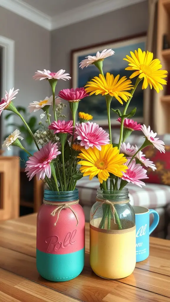 Colorful painted mason jar vases with flowers