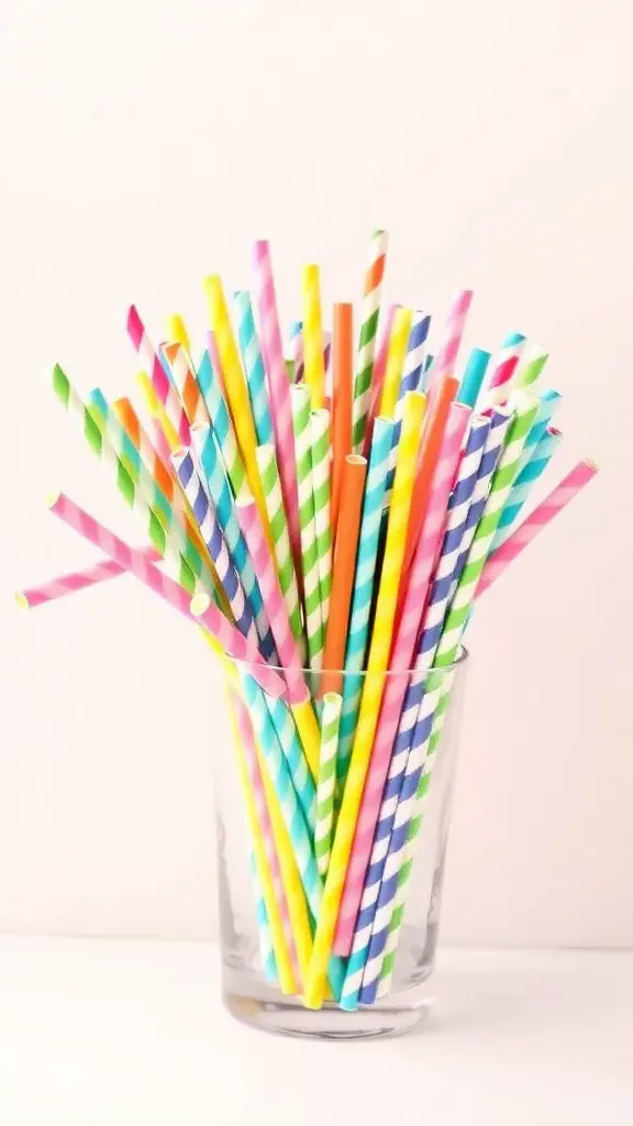 A glass filled with colorful paper straws in various patterns and colors.