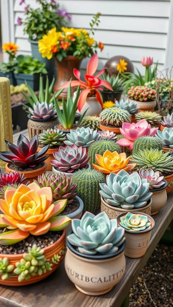 Colorful succulent arrangements in various pots showcasing different shapes and sizes.