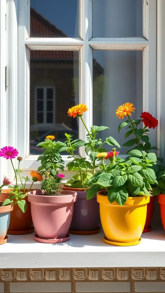 A collection of colorful terracotta plant pots filled with flowers on a windowsill.