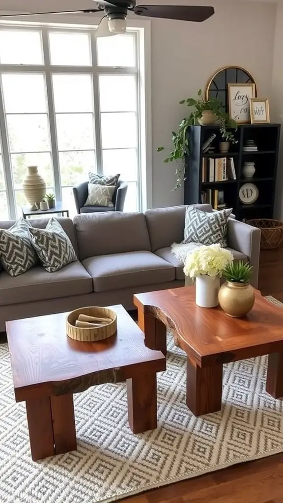 Living room with gray sofa, wooden coffee tables, and modern decor