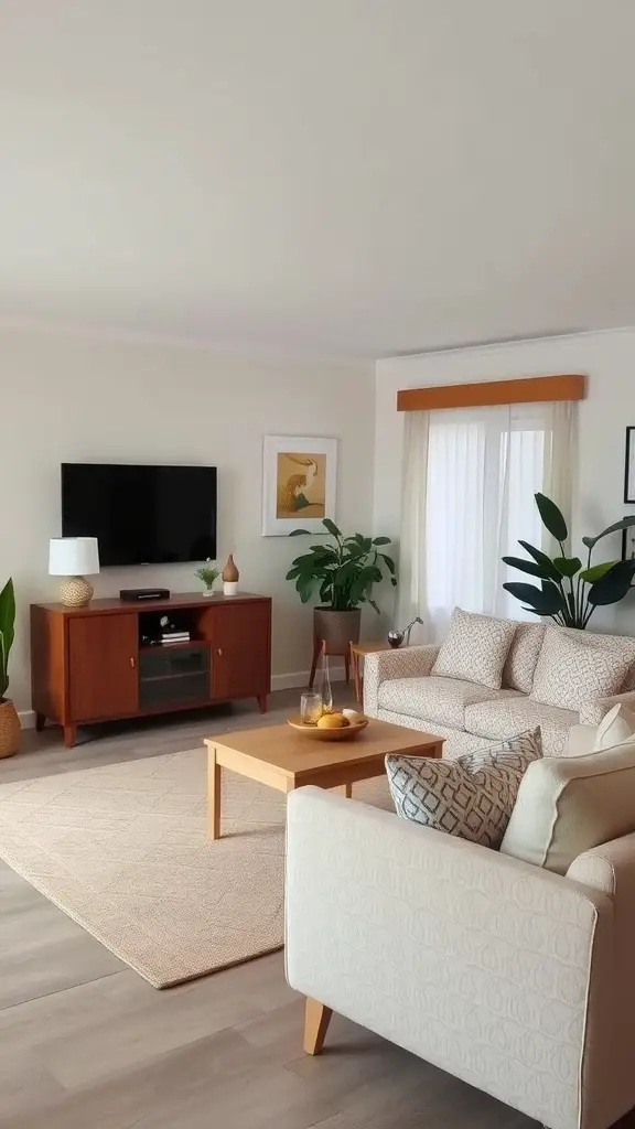 Cozy living room with light-colored sofas, wooden coffee table, and green plants.
