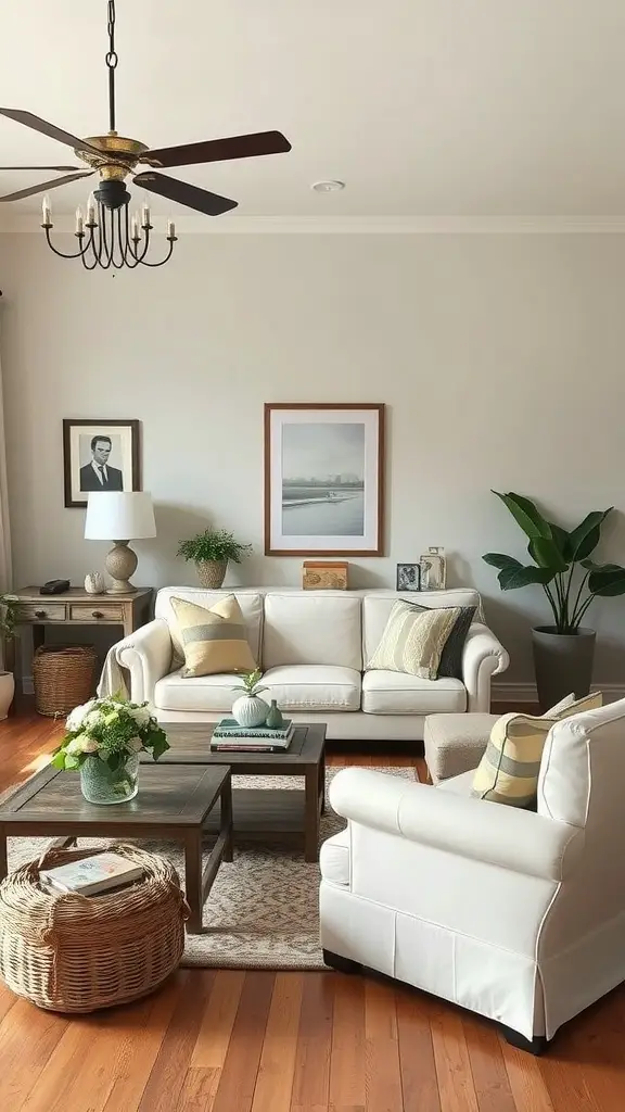 Cozy living room with vintage furniture, featuring light sofas and a rustic coffee table.