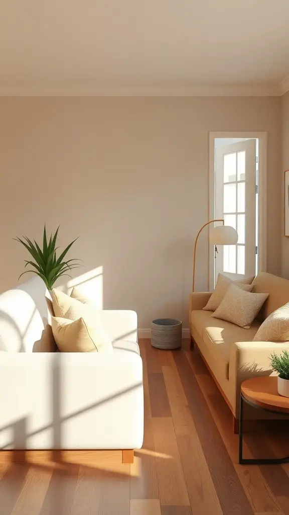 A living room featuring wooden floors, light-colored sofas, and a plant, showcasing a warm and inviting atmosphere.
