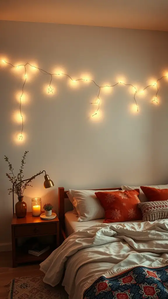 Cozy bedroom with constellation string lights illuminating the wall.