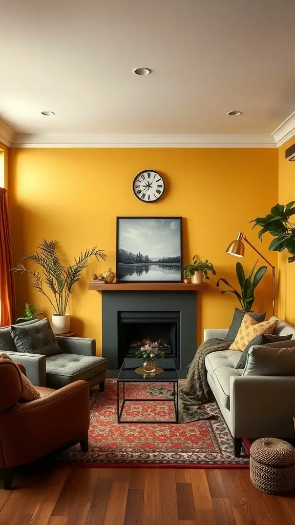 A cozy living room with yellow walls, dark gray fireplace, and mixed furniture.