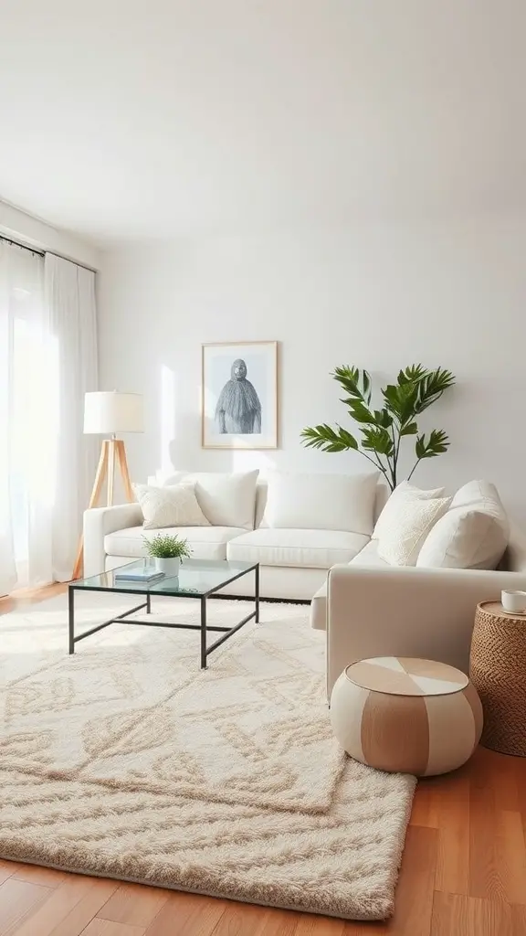 A cozy living room with beige and white decor, featuring a plush area rug, comfortable sofas, and bright natural light.