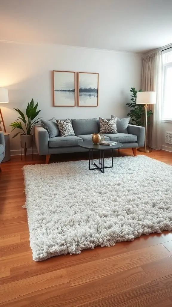 A cozy living room featuring a plush white area rug on wood floors, with gray sofas and decorative pillows.