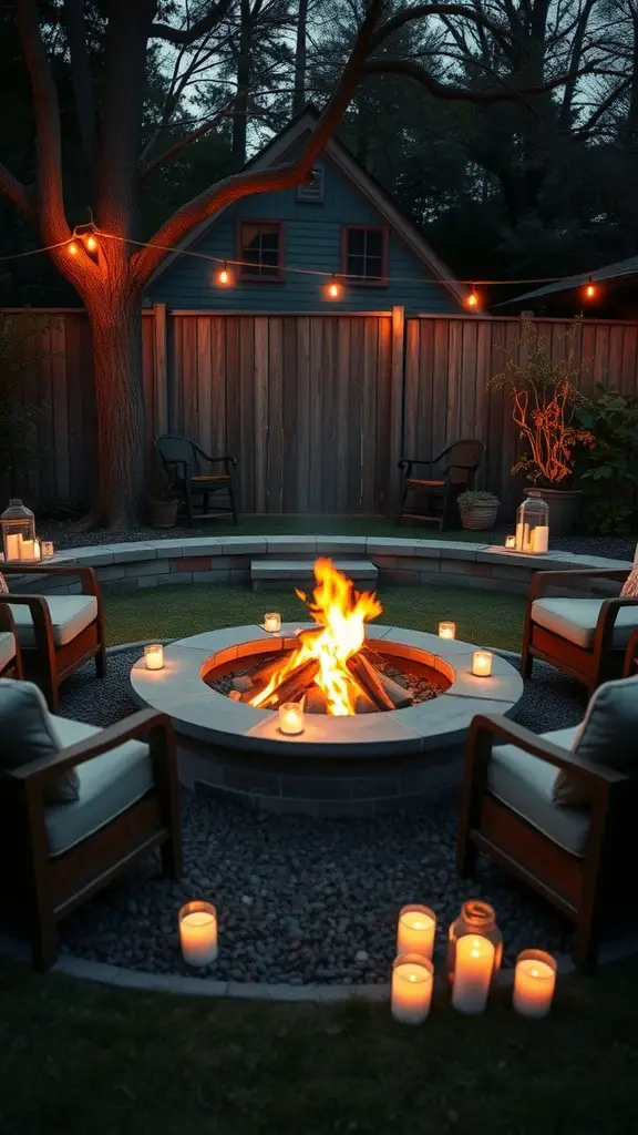 A cozy fire pit corner with seating around a stone fire pit, string lights overhead, and candles scattered around, creating a warm summer ambiance.