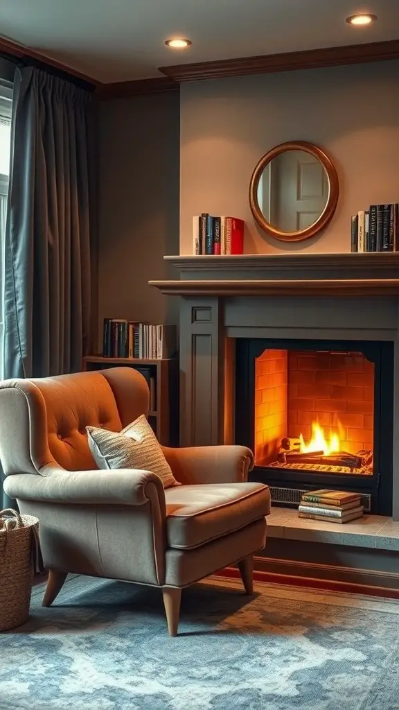 Cozy reading nook with two chairs by a fireplace, decorated with books and a warm throw blanket.