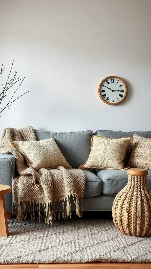 A cozy living room with a light blue couch, knitted throw blanket, textured pillows, and a natural wood side table.