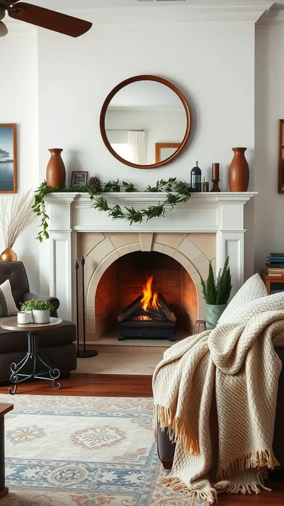 A cozy living room with a fireplace, featuring a textured throw blanket draped over a chair, creating a warm atmosphere.