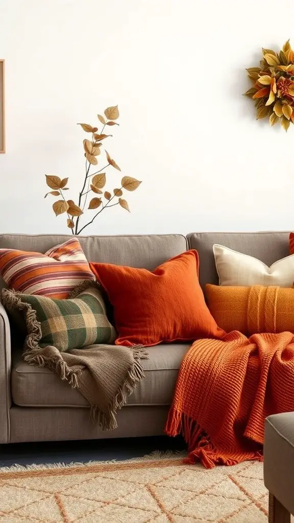 Cozy living room sofa with layered throw pillows in fall colors and patterns.