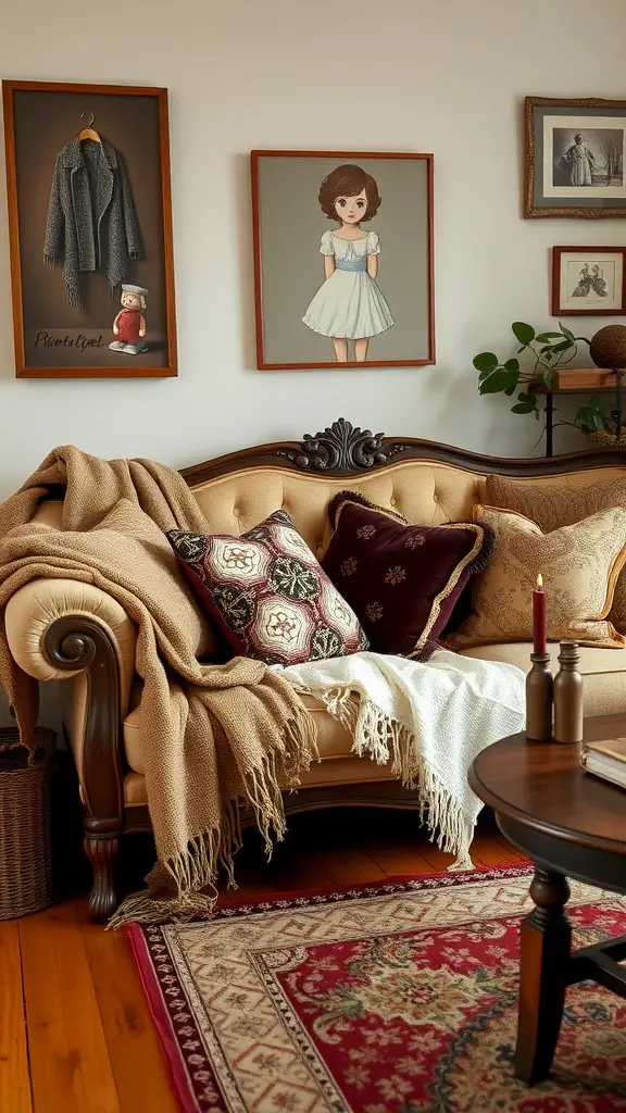 A cozy living room with a vintage aesthetic featuring a couch, throws, and decorative pillows.