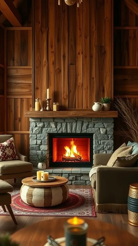 Cozy living room with barn wood walls and a fireplace
