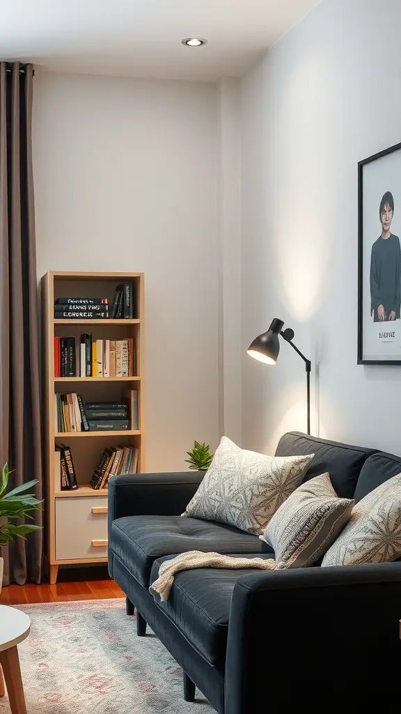 Cozy reading nook with a black sofa, decorative pillows, bookshelf, and floor lamp, creating a warm atmosphere.