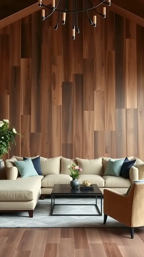 A cozy living room featuring a barn wood wall, modern furniture, and soft lighting.